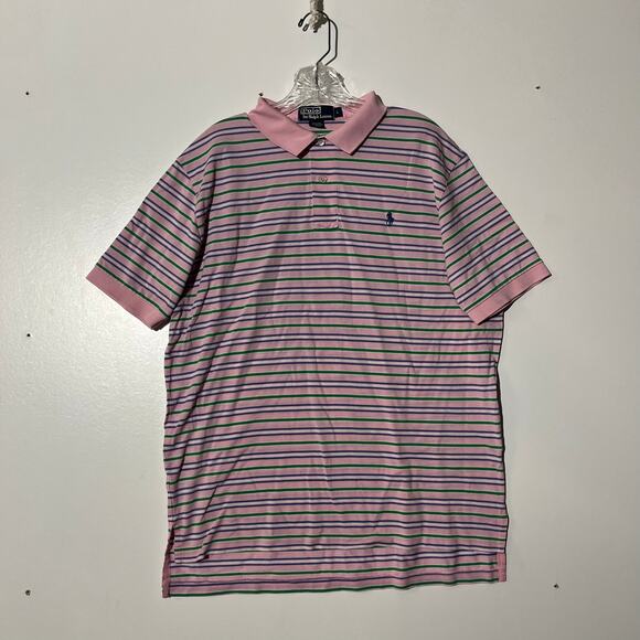 Polo By Ralph Lauren Pink Blue Striped 100% Cotton Short Sleeve Shirt Mens Large - Picture 1 of 7